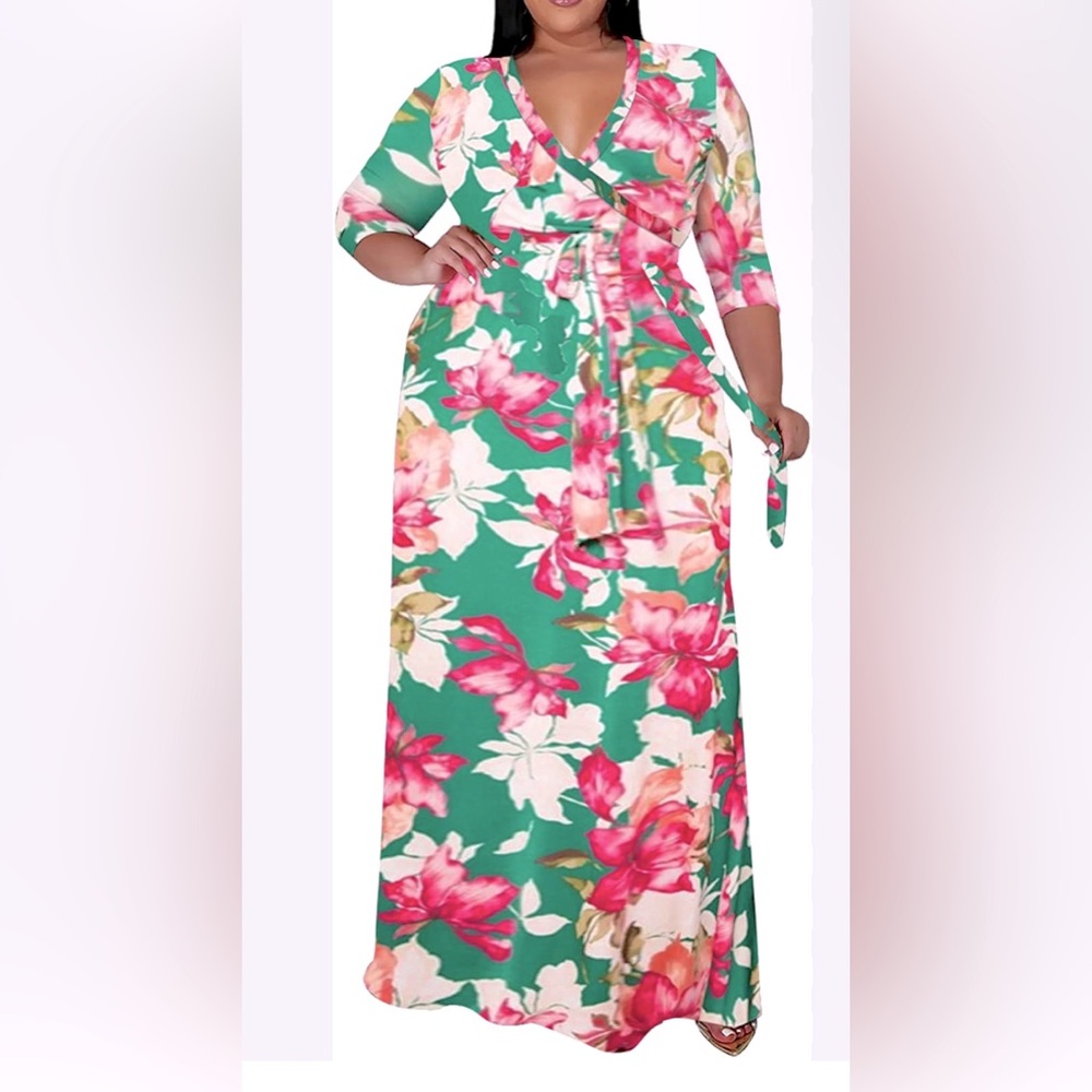 Plus size, Sexy V neck floral long sleeve dress.